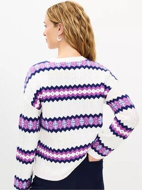 LOFT White Cable-Knit Sweater with Purple & Navy Fair Isle Stripes